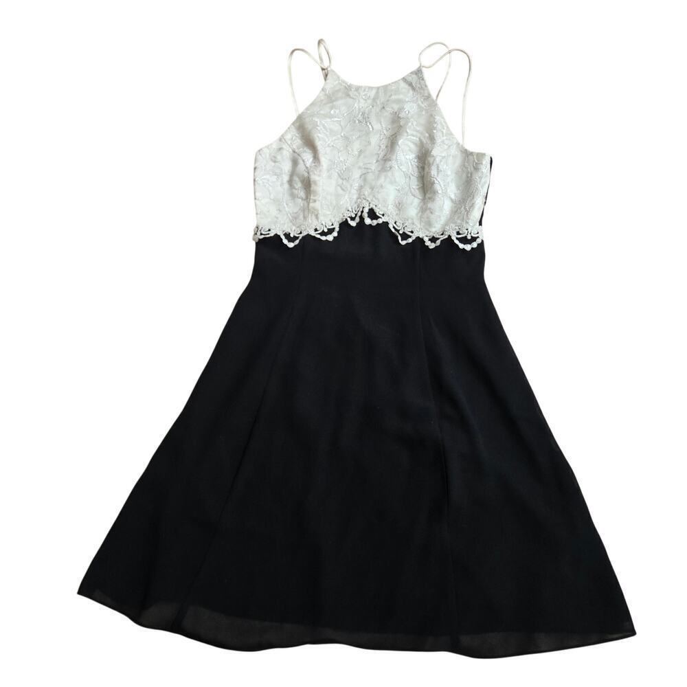 Vintage Scott McClintock Black Ivory Lace Chiffon Dress 6 90s Y2K Regency Prom